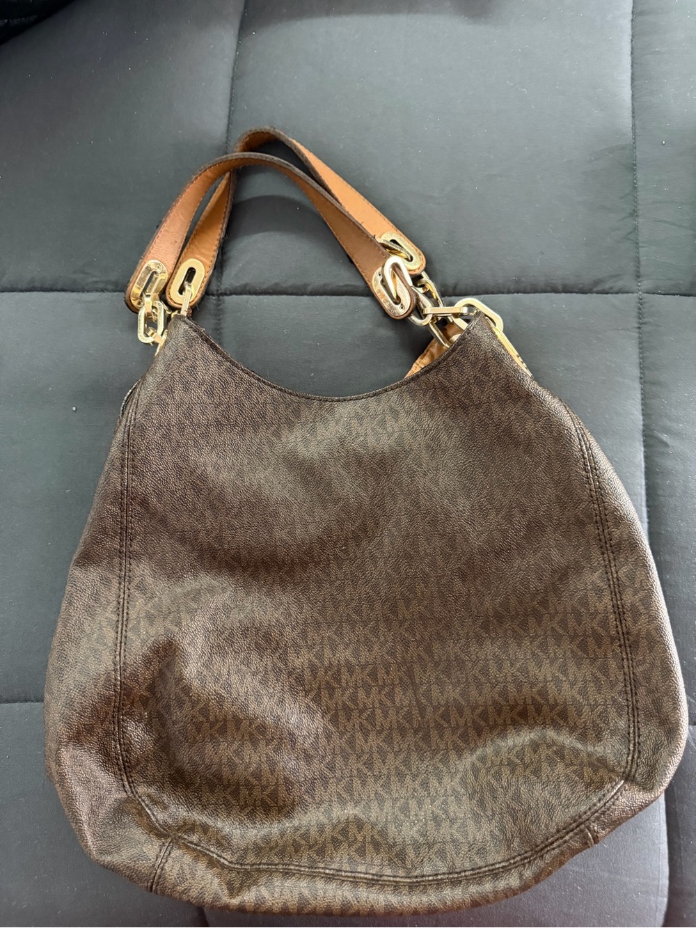 Michael Kors Brown Monogram Shoulder Hobo with Tan Straps